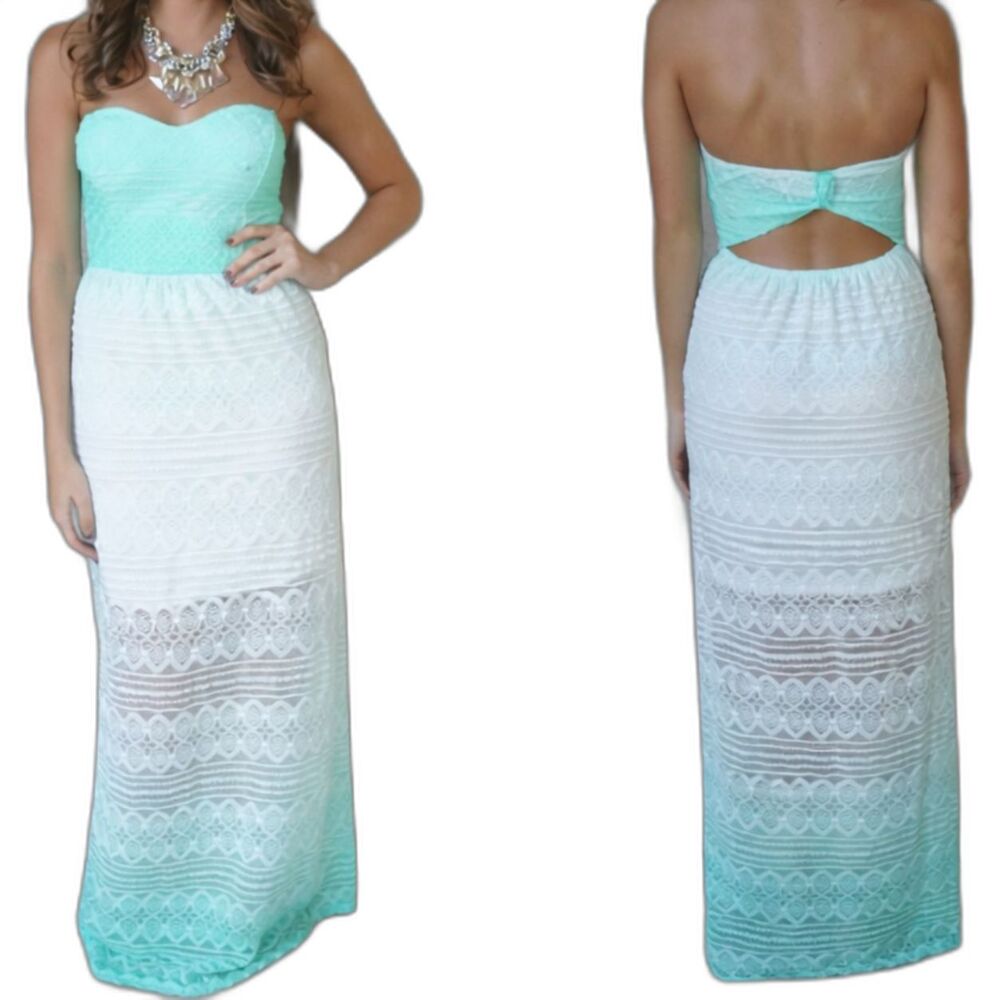 Mint Ombre Lace Strapless Maxi Dress with Cutout Back - Size Med